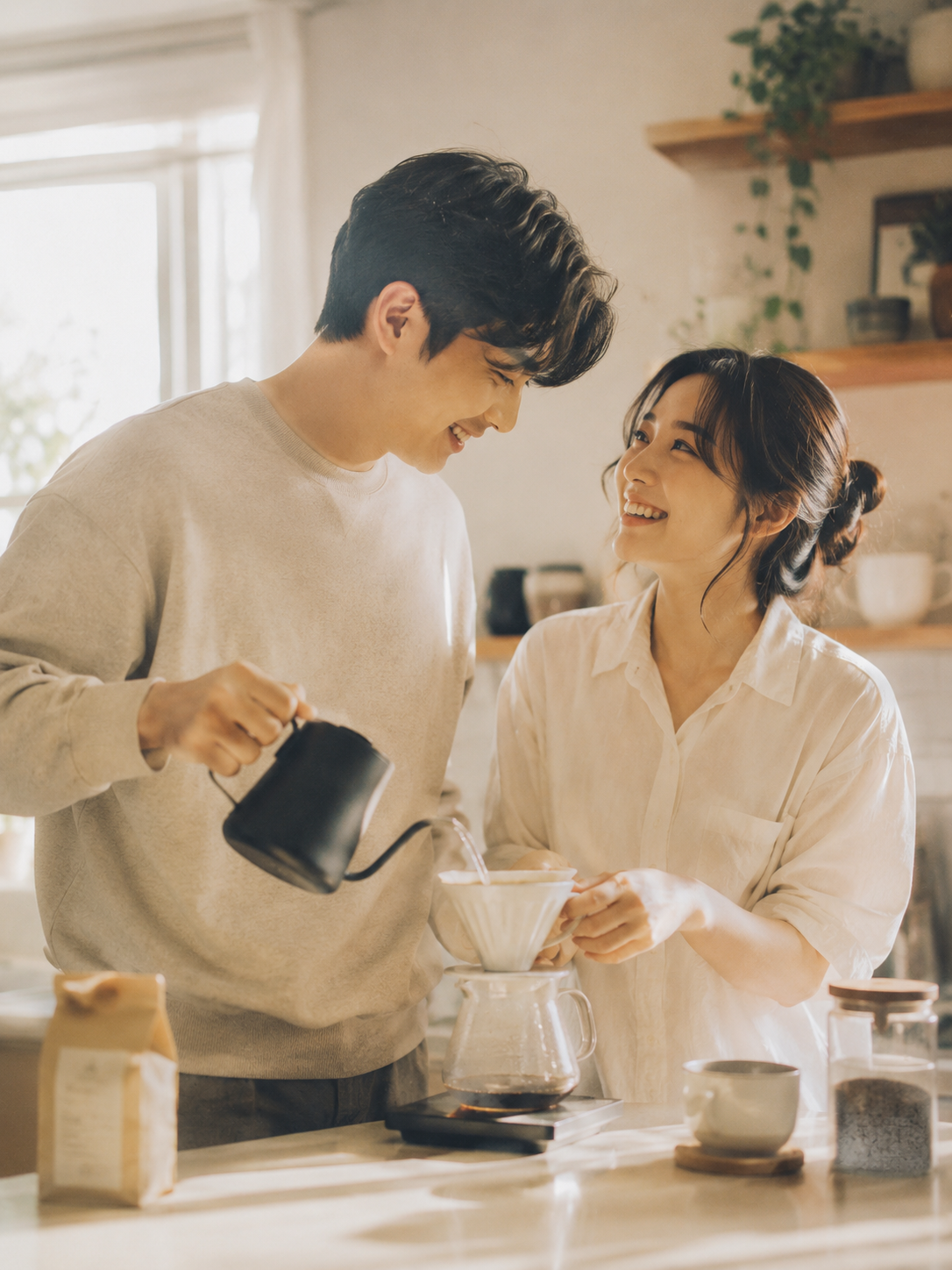 아침 햇살 속 부엌에서 함께 커피를 내리며 웃는 커플