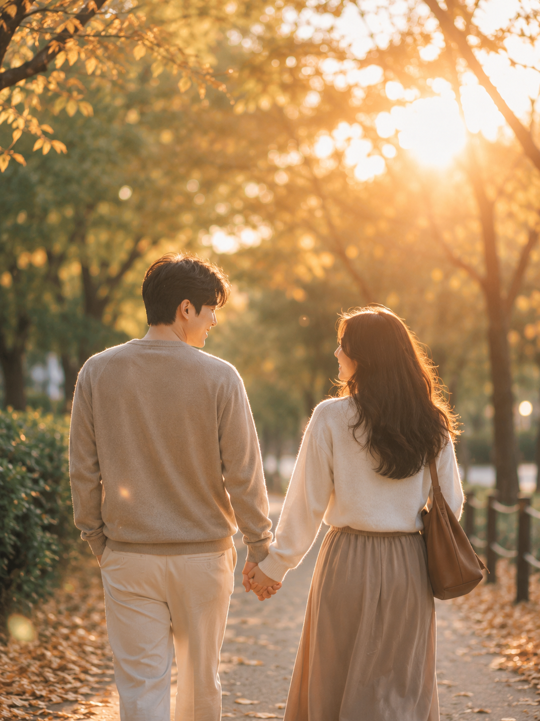 공원 산책 중 손을 잡고 걷는 커플의 뒷모습