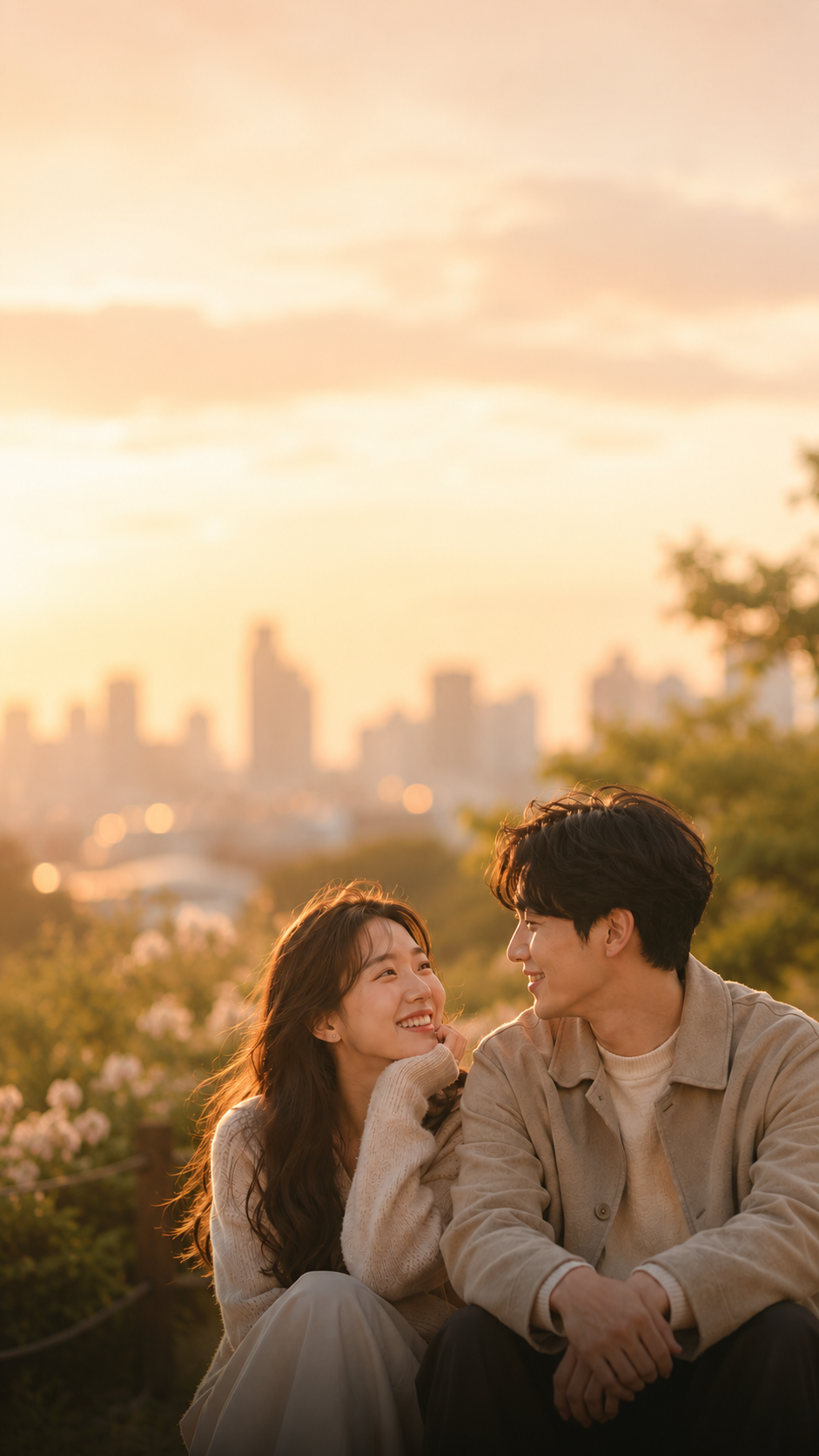 햇살 아래 마주 보며 웃는 30대 커플