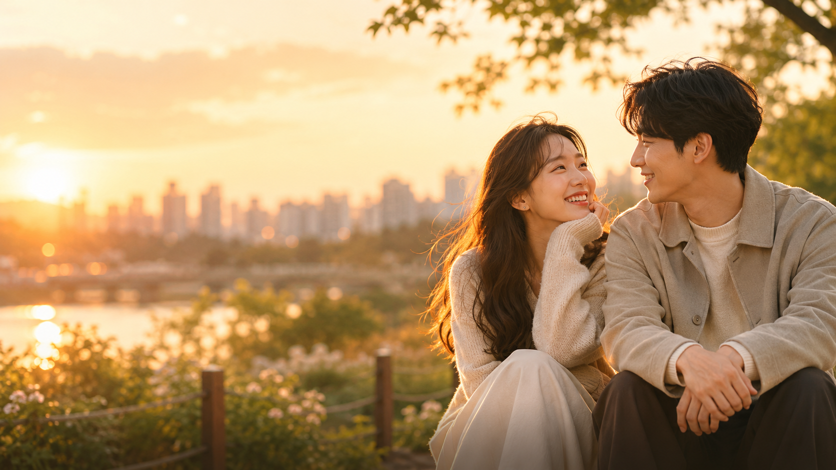 햇살 아래 마주 보며 웃는 30대 커플